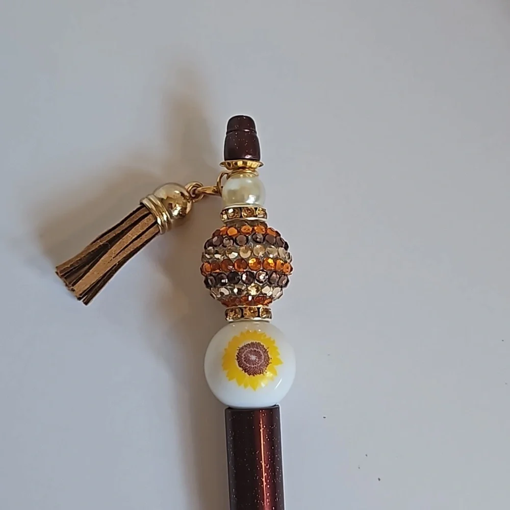 Hand Crafted 3-Set Pens Black Ink Beaded Fall Halloween Sunflower Harvest Design